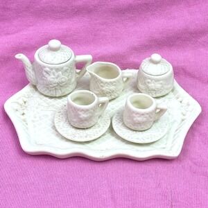 Vintage Miniature Tea Set Mini Tray Teapot Ceramic Floral Cups Saucers